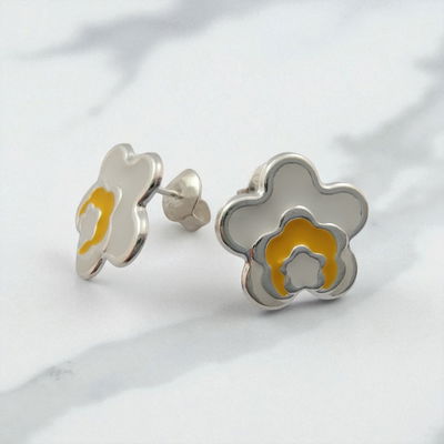 Aros Esmaltado Blanco Amarillo 15 mm Plata 925 - 200265