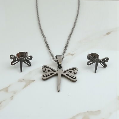 Conjunto Aros Collar 45 cm Libélula Acero Quirúrgico - 800028