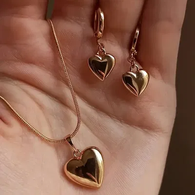 Conjunto Aros Collar Corazón Acero Dorado - 800010