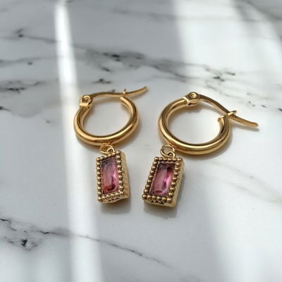 Aros Argolla 10 mm Dije Rectangular Rojo Acero Dorado - 200016