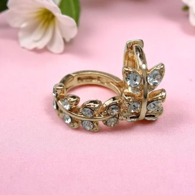 Aros Argolla 8,5 mm Hojas Strass Acero Dorado - 200019