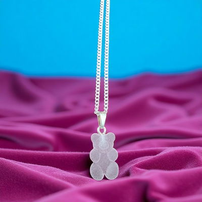 Collar 50 cm Barbada 0,4 mm Oso Gummy Rosa 17 mm x 11 mm Acero Blanco - 700013
