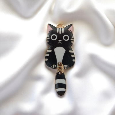 Dije Esmaltado Gato Negro Blanco Acero Dorado - 400103NEG