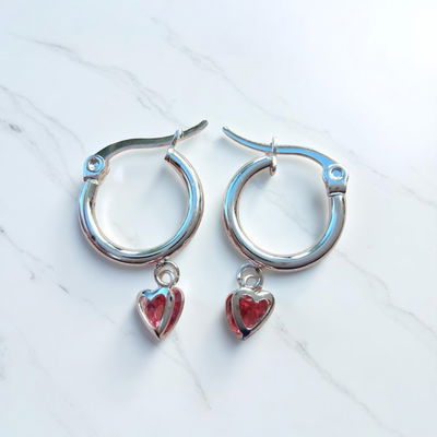 Aros Argolla 10 mm Corazón Fucsia Acero Blanco - 200035