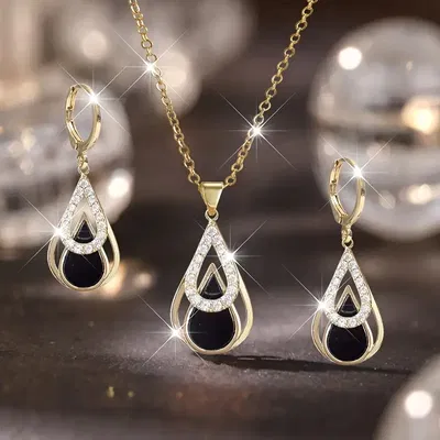 Conjunto Aros Collar Gota Negro Strass Acero Dorado - 800005