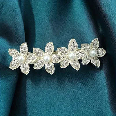 Hebilla 65 mm x 18 mm Flor Perlas Strass Blanco - 900018