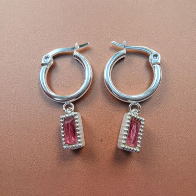 Aros Argolla Rojo 10,5 mm Dije Rectangular Fucsia Acero Blanco - 200029