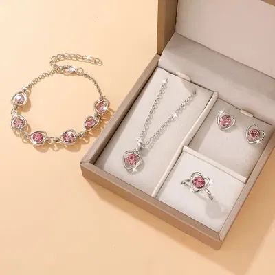 Conjunto Aros Anillo Pulsera Collar Corazón Rosa Acero Quirúrgico - 800006