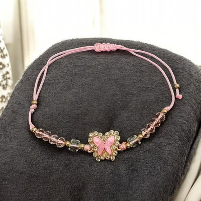 Pulsera Regulable Mariposa Rosa Strass Mostacilla Hilo - 500011