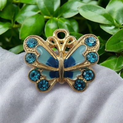 Dije Esmaltado Mariposa Celeste Azul Strass Acero Dorado - 400106CEL