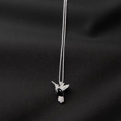 Collar 55 cm Bolitas 1 mm Colibrí Negro 27 mm x 18 mm Strass Acero Quirúrgico - 700011