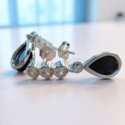 Aros Strass Gota Negro Plata 925 - 200020