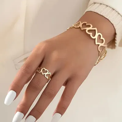 Conjunto Anillo Pulsera Corazón Acero Dorado - 800010