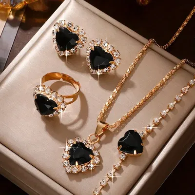 Conjunto Aros Anillo Collar Pulsera Corazón Negro - 800011