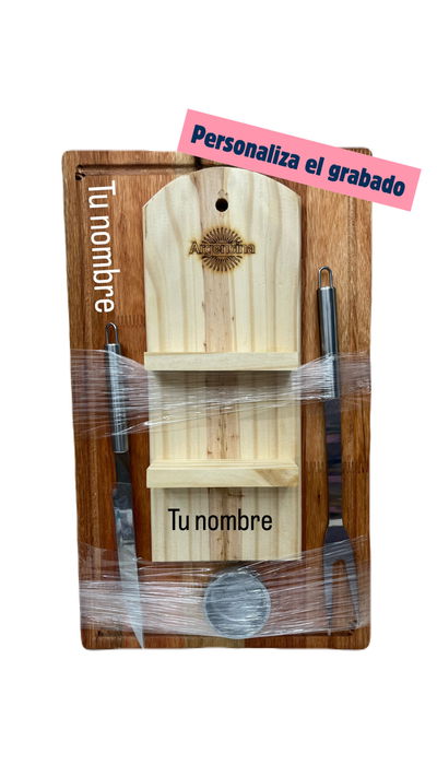 Asador premium tabla, cubiertos y cazuela