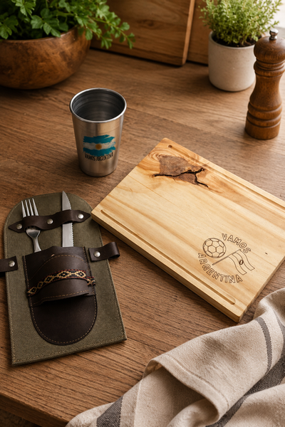 Tabla + funda + vaso + cubiertos