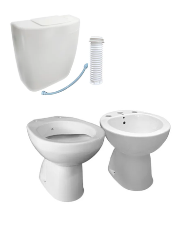 Inodoro corto, mochila plástica y bidet PRINGLES + MONKOTO