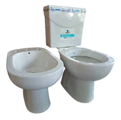 Inodoro largo, mochila de apoyo y bidet PRINGLES/ DERPLA CUARZO