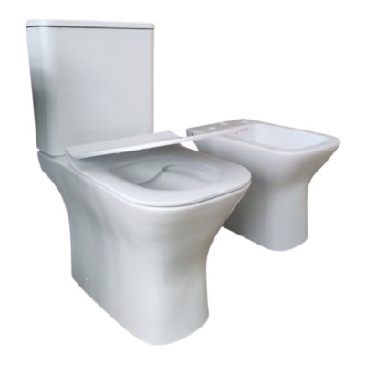 Inodoro largo, mochila de apoyo y bidet + tapa c/suave IM TA