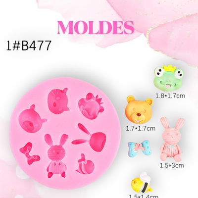 MOLDE SILICONA 6 ANIMALES Y MOÑO (Dijes)