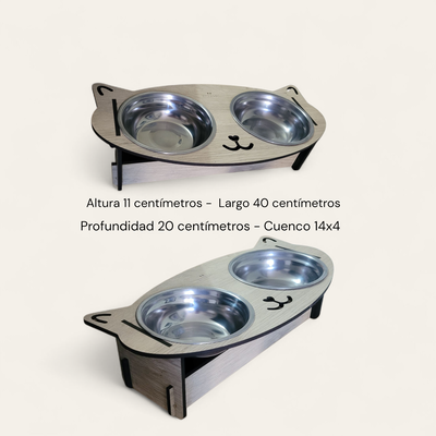 Comedero doble. Base de madera, cuencos de acero inoxidable. 