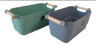 Recipiente organizador con agarre de madera