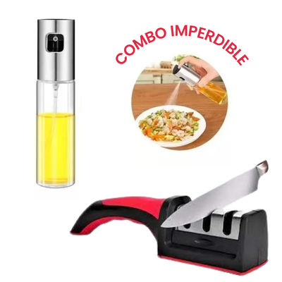 Combo cocina spray dosificador + afilador manual 3 en 1