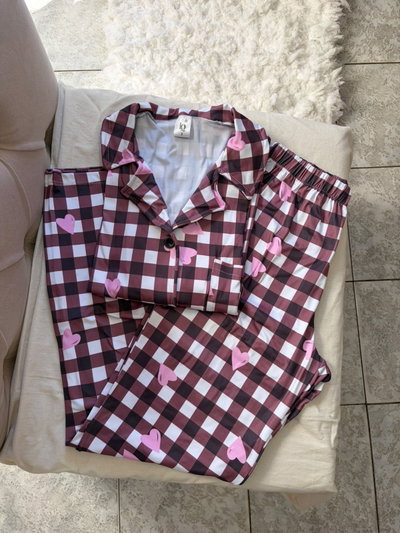 Pijama camisero cuadrille choco y corazón 