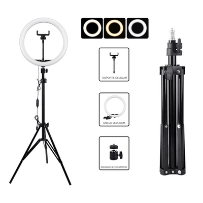 Kit Aro de Luz LED 12" (30 cm) + Trípode Profesional 2 Metros