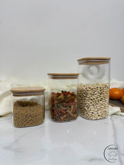 SET DE FRASCO VIDRIO CON TAPA DE BAMBU