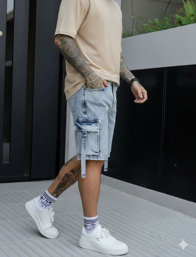 Bermuda Mom Cargo Strips - Celeste