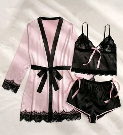 Set satén 3 piezas: bata + short+ bralette