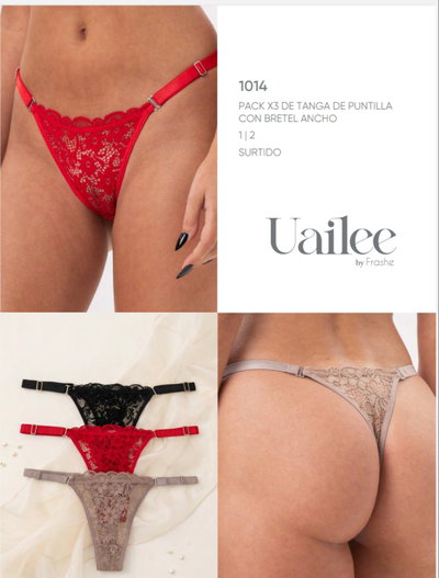 Tanga puntilla y bretel Uailee 1014 - Pack x 3