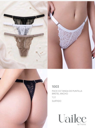 Tanga puntilla bretel ancho Uailee 1003 - Pack x 3