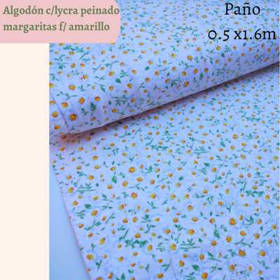 Algodón c/lycra peinado estampado margaritas fondo natural 50cm