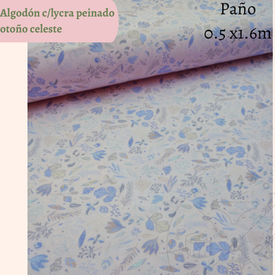 Algodón c/lycra peinado flores celestes 50cm