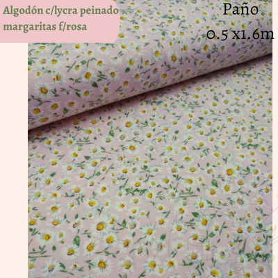 Algodón c/lycra peinado estampado margaritas fondo rosa 50cm