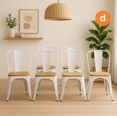 Sillas Tolix blancas con asiento de madera x6 unidades