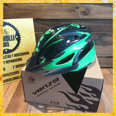 Casco Venzo con visera y luz trasera verde + negro