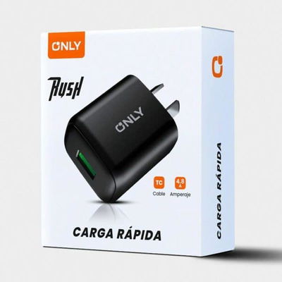 CARGADOR 220V MODO-018 4.8A – RUSH – 1USB + CABLE V8 – ONLY – NEGRO