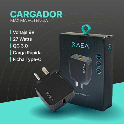 CARGADOR 220V XAEA MOD 10 – 9V – 27W – 1 USB + CABLE TIPO C – NEGRO
