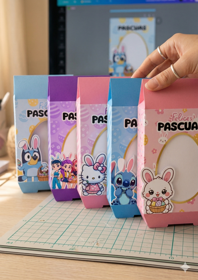 CAJAS PORTA HUEVO PLANO O GOLOSINAS PASCUAS 2026 X5 TEMATICAS