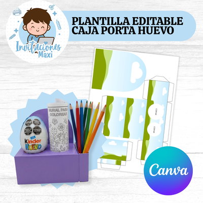 PLANTILLA EDITABLE CAJA PORTA HUEVO, ROLLO Y LAPICES COLORES