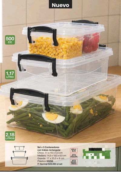 Set x 3 contenedores con trabas rectangular 