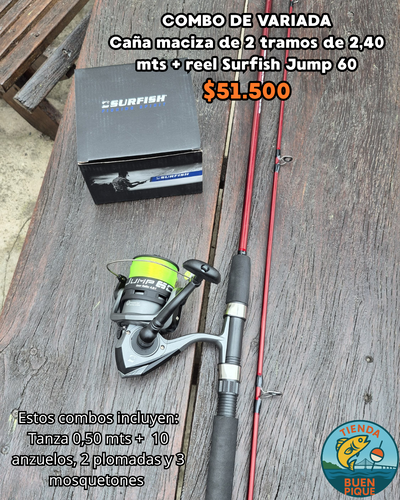 Caña Maciza 2,40 mts + Reel Surfish Jump 60 + Accesorios