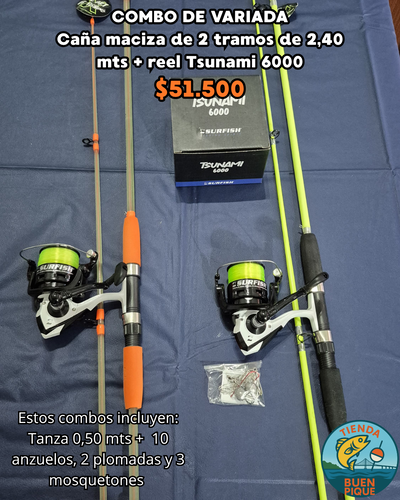 Caña 2,40 mts Maciza + Reel Surfish Tsunami 6000 + Accesorios