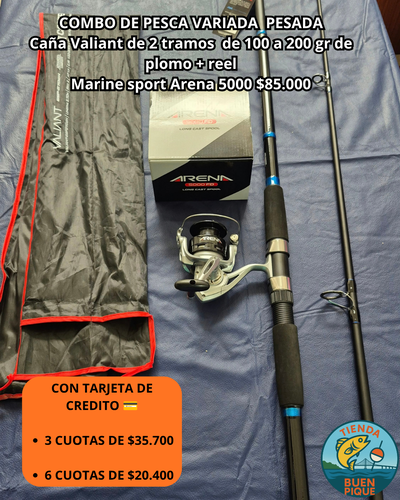 Combo Variada Pesada: Caña Caster Valiant 2,70 mts + Reel Marine Sport + Accesorios
