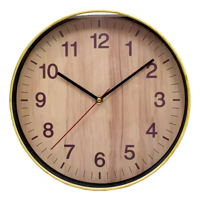Reloj de pared analógico redondo, fondo de madera, 30 cm