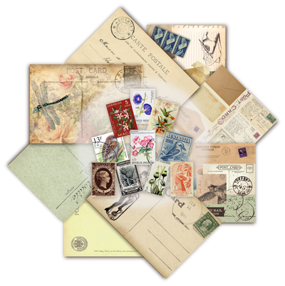 Set de 7 Papeles Carte Postale + Troquelados Estampillas