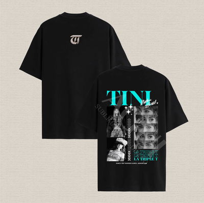 Remera negra con diseño Tini tiple T verdeagua algodón premium estampado dtf